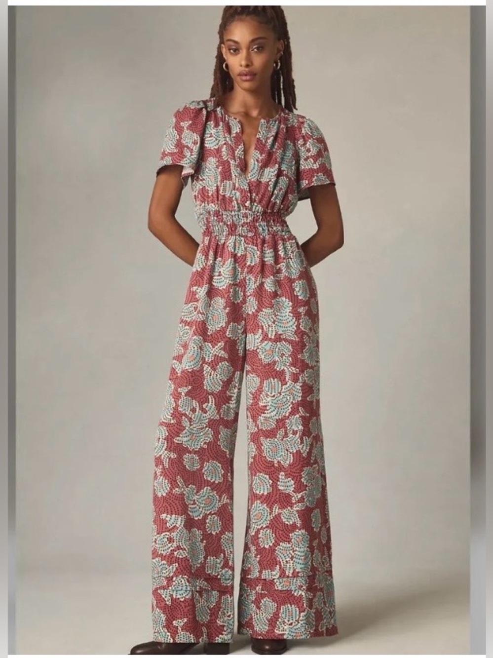 Anthropologie Somerset Floral Smocked-Waist Wide-Leg Jumpsuit, Sz S